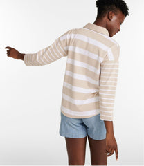L.L.Bean Outlet | Women's Heritage Mariner Top, Splitneck Polo Three-Quarter-Sleeve, Block Stripe