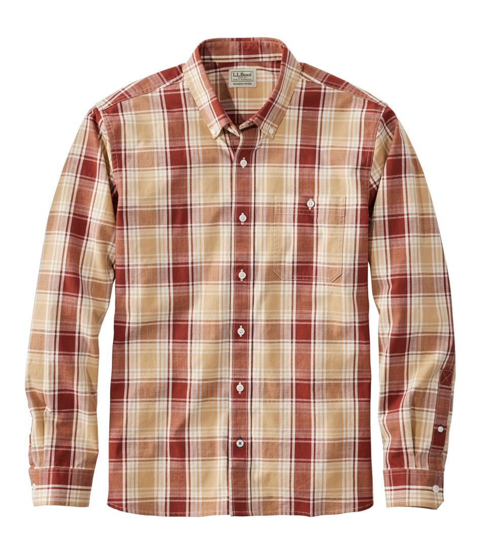 L.L.Bean Discount | Men's Comfort Stretch® Chambray Shirt, Long-Sleeve, Slightly Fitted Untucked Fit, Plaid