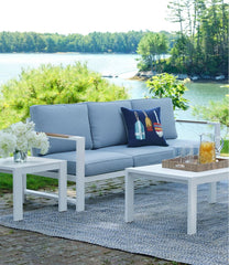 L.L.Bean Outlet | White Aluminum Deep Seating Sofa with Blue Cushions