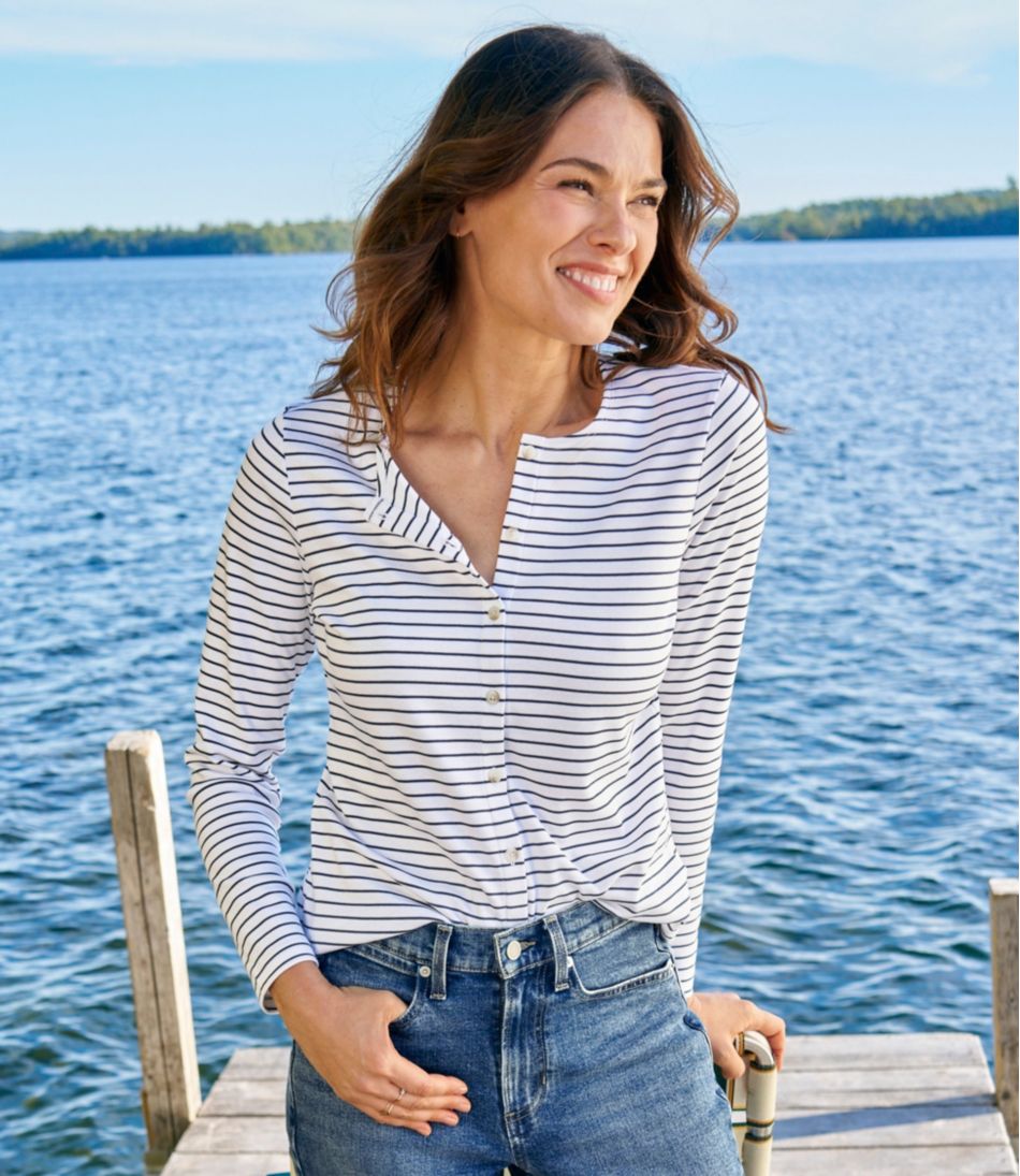 L.L.Bean Discount | Women's Pima Cotton Tee, Long-Sleeve Crewneck Cardigan Stripe