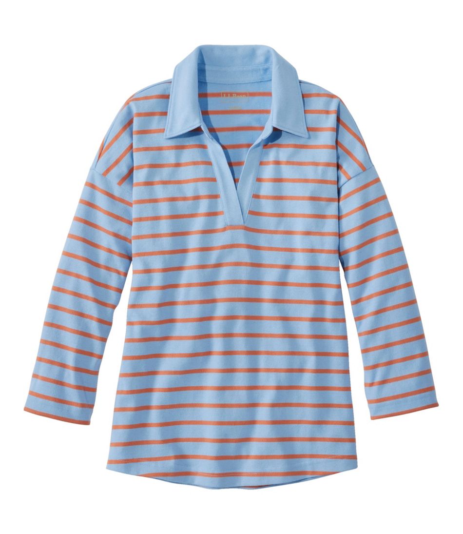 L.L.Bean New | Women's Heritage Mariner Top, Splitneck Polo Three-Quarter-Sleeve Stripe