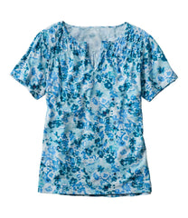 L.L.Bean US | Women's Organic Cotton Tee, Smocked Notch-Neck Short-Sleeve Print