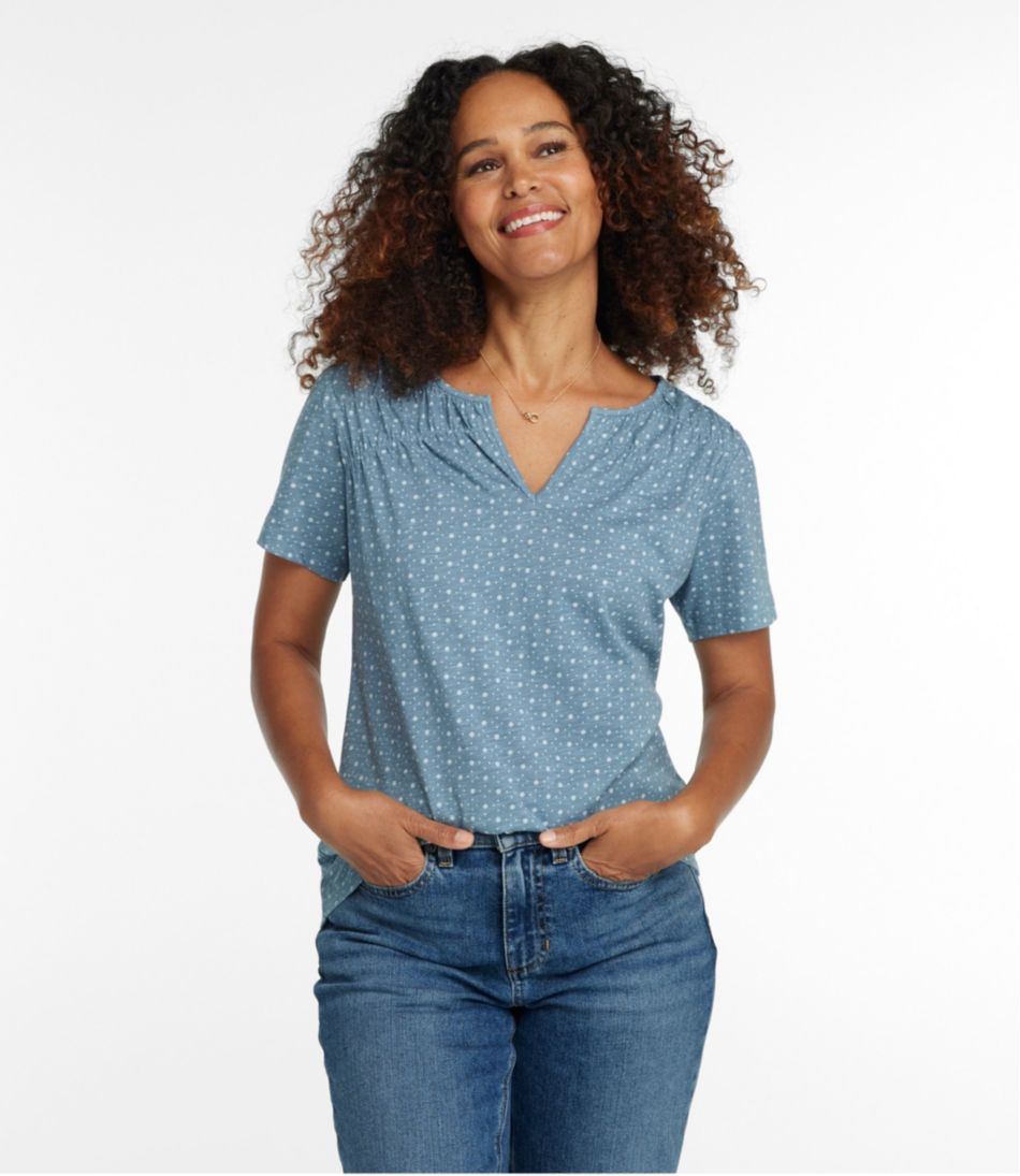 L.L.Bean US | Women's Organic Cotton Tee, Smocked Notch-Neck Short-Sleeve Print