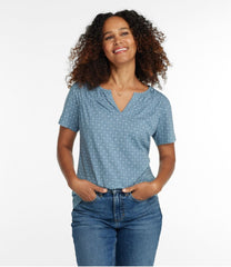 L.L.Bean US | Women's Organic Cotton Tee, Smocked Notch-Neck Short-Sleeve Print
