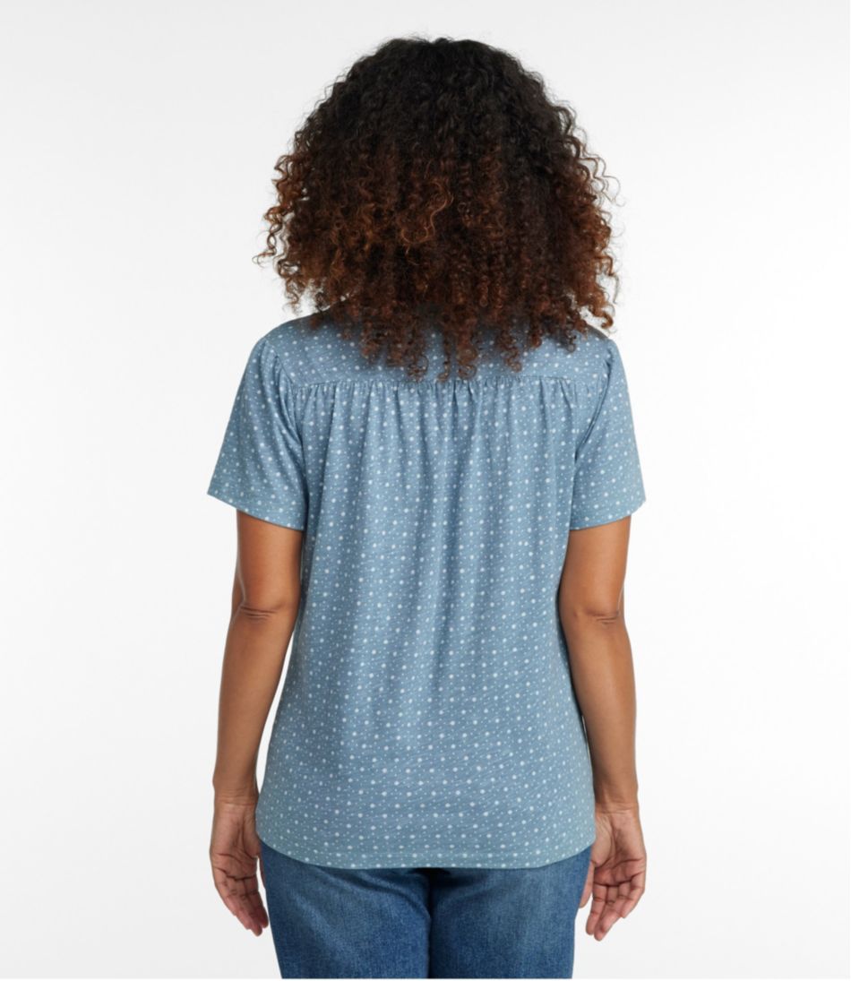 L.L.Bean US | Women's Organic Cotton Tee, Smocked Notch-Neck Short-Sleeve Print