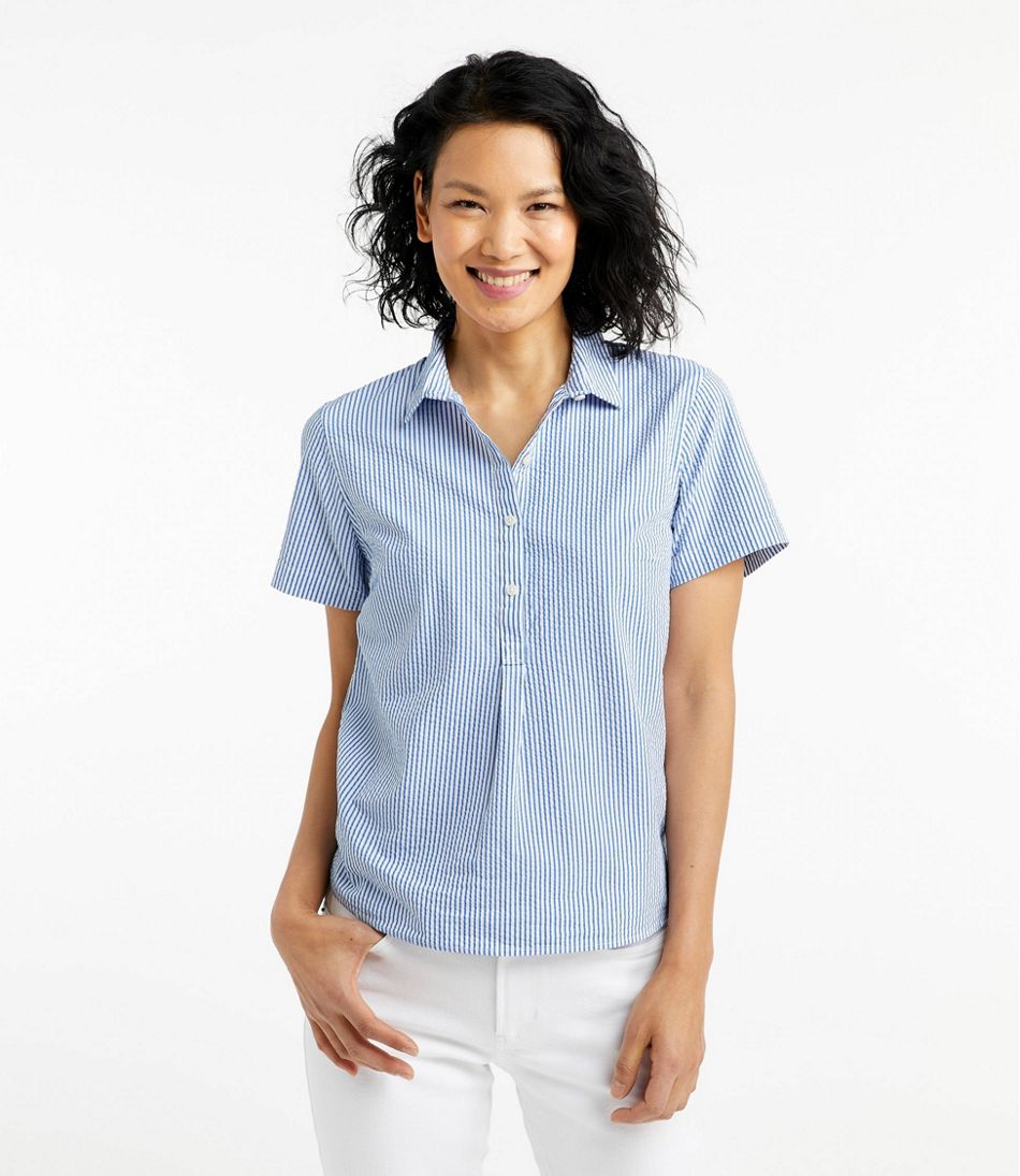 L.L.Bean Sale | Women's Vacationland Seersucker Shirt, Short-Sleeve Popover Stripe