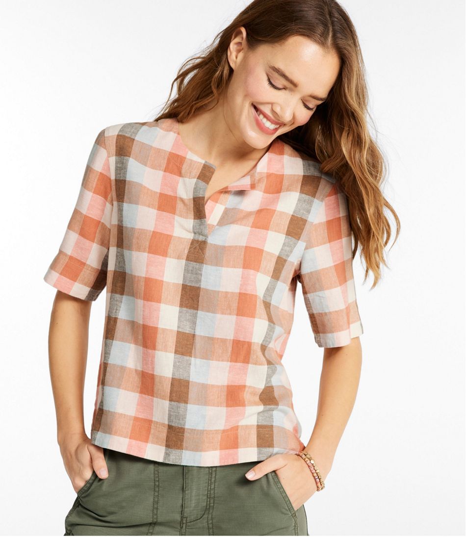 L.L.Bean Discount | Women's Signature Linen-Blend Splitneck Shirt, Short-Sleeve