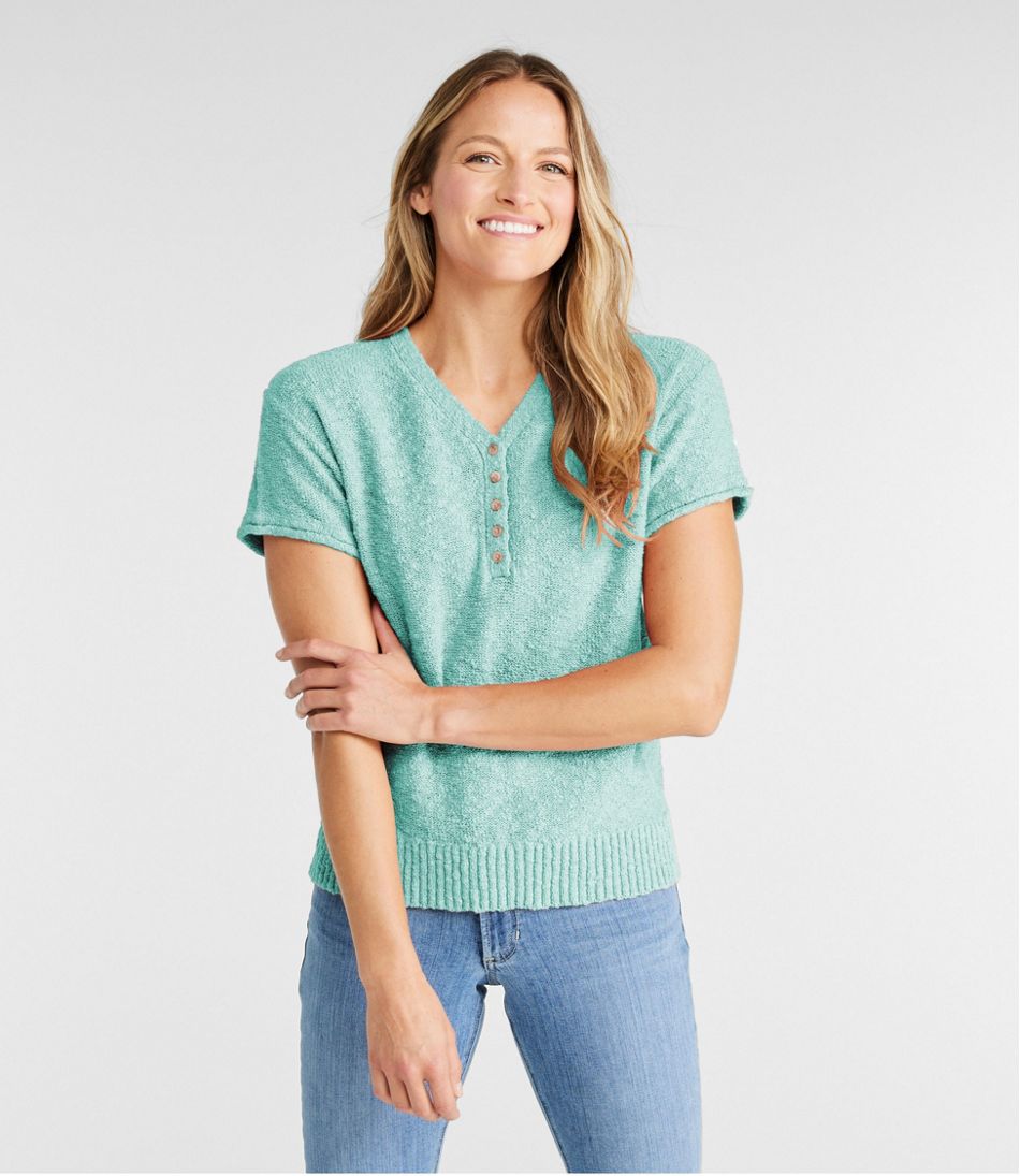 L.L.Bean Outlet | Women's Midweight Cotton Slub Sweater, Henley Short-Sleeve