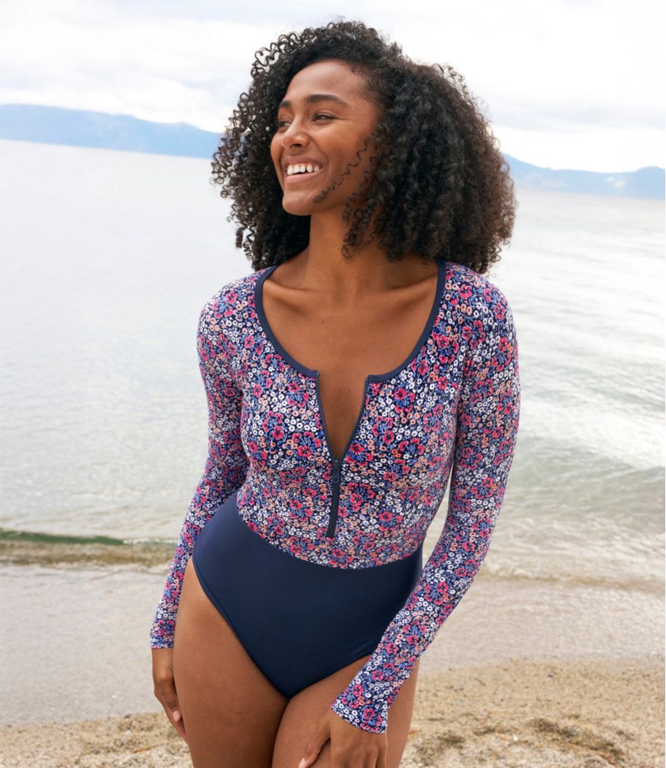 L.L.Bean New | Women's Coastal Essentials Swimwear, Long-Sleeve Tanksuit Print