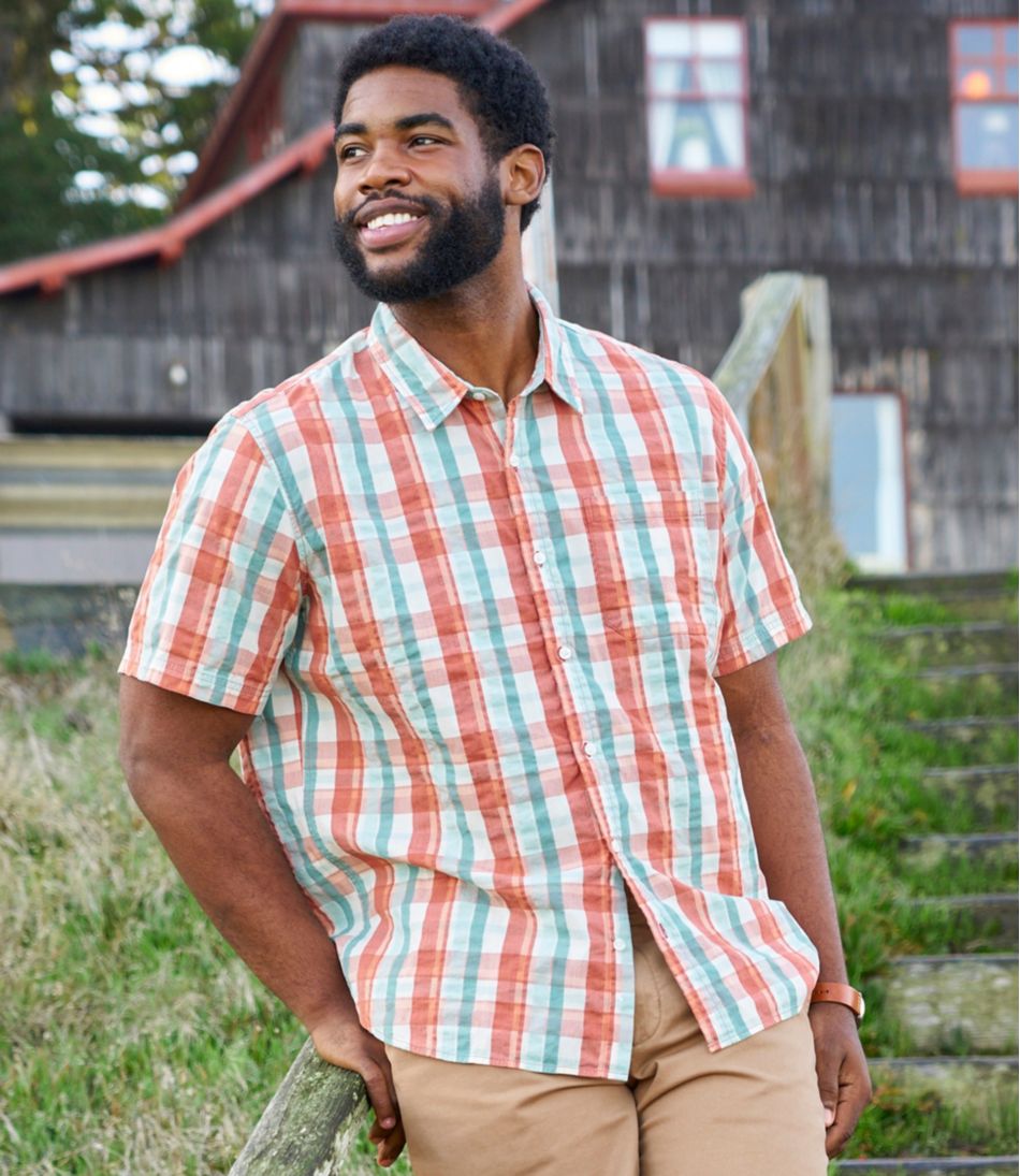 L.L.Bean On Sale | Men's Organic Cotton Seersucker Shirt, Short-Sleeve, Slightly Fitted, Plaid