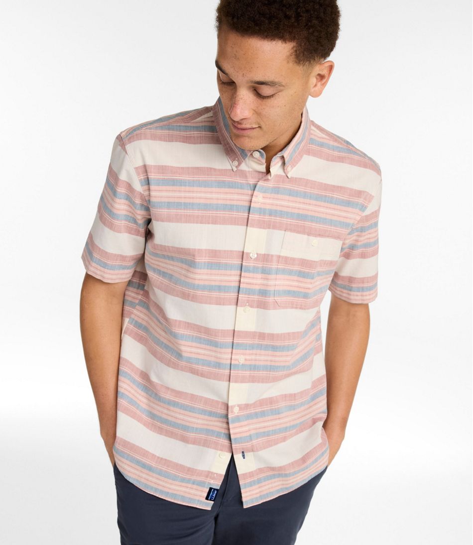 L.L.Bean Outlet | Men's Comfort Stretch Chambray Shirt, Traditional Untucked Fit, Short-Sleeve, Stripe