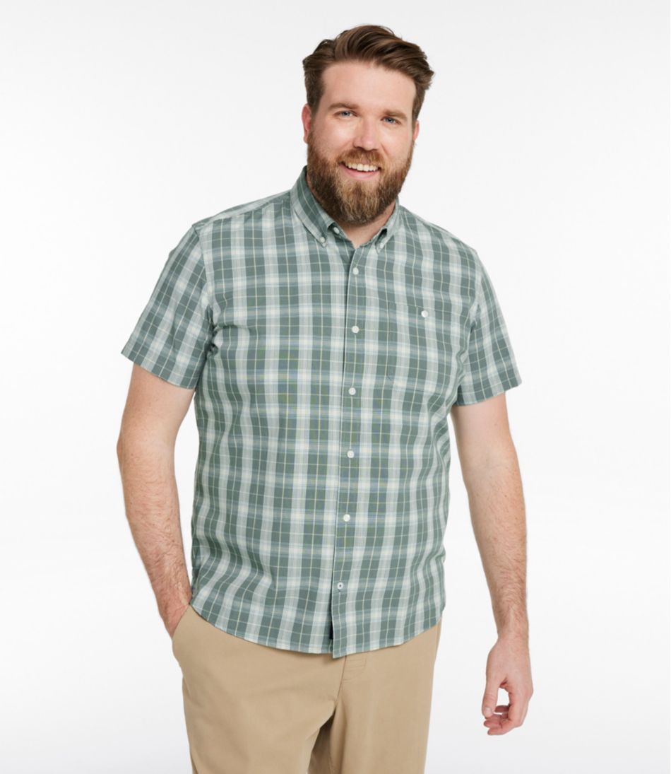 L.L.Bean On Sale | Men's Comfort Stretch® Chambray Shirt, Slightly Fitted Untucked Fit, Short-Sleeve, Plaid