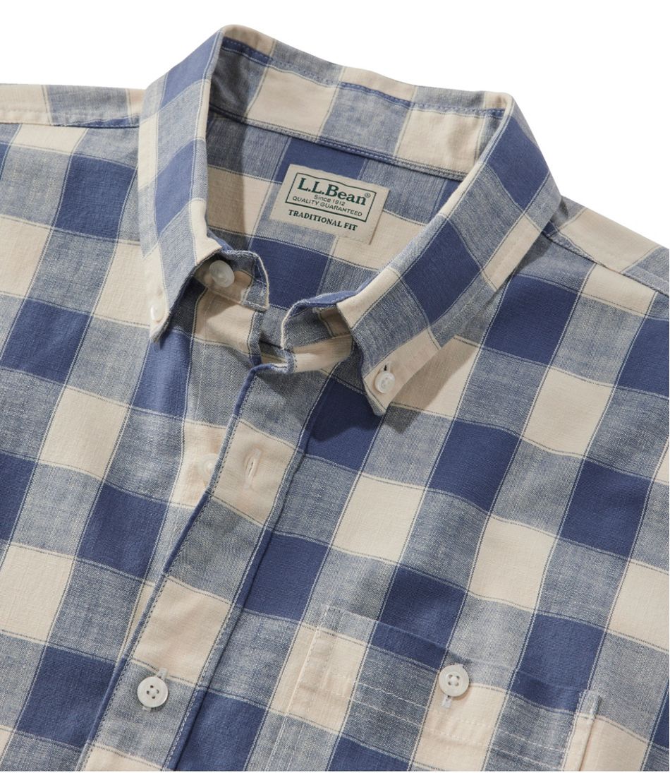 L.L.Bean On Sale | Men's Comfort Stretch® Chambray Shirt, Slightly Fitted Untucked Fit, Short-Sleeve, Plaid