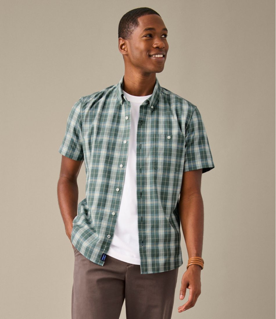 L.L.Bean On Sale | Men's Comfort Stretch® Chambray Shirt, Slightly Fitted Untucked Fit, Short-Sleeve, Plaid