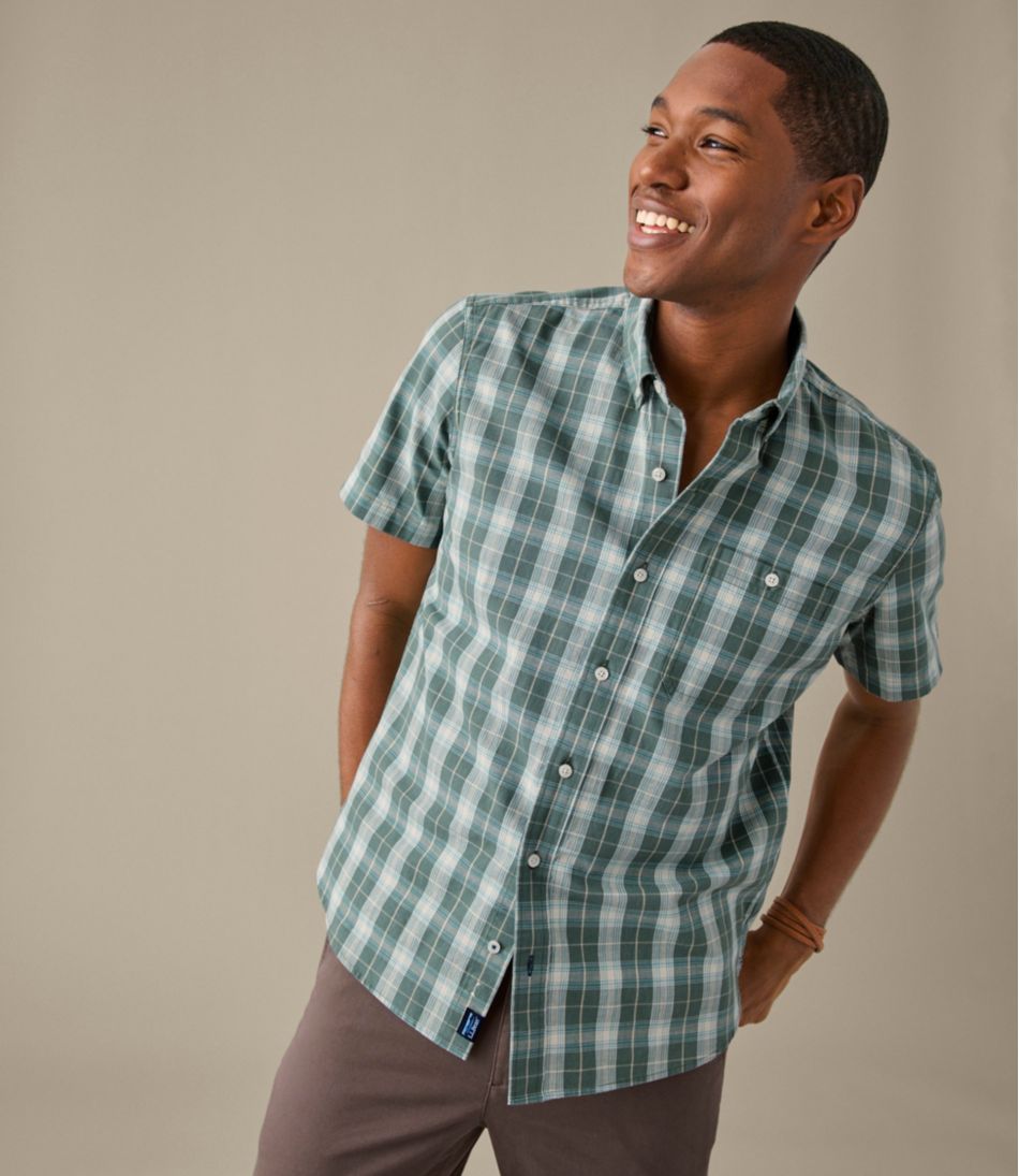 L.L.Bean On Sale | Men's Comfort Stretch® Chambray Shirt, Slightly Fitted Untucked Fit, Short-Sleeve, Plaid