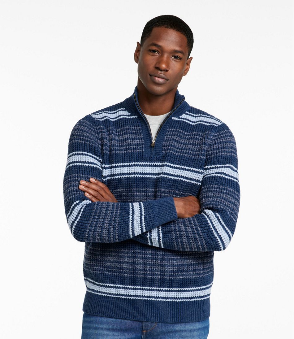 L.L.Bean Online | Men's Organic Cotton Waffle Sweater, Quarter Zip, Stripe