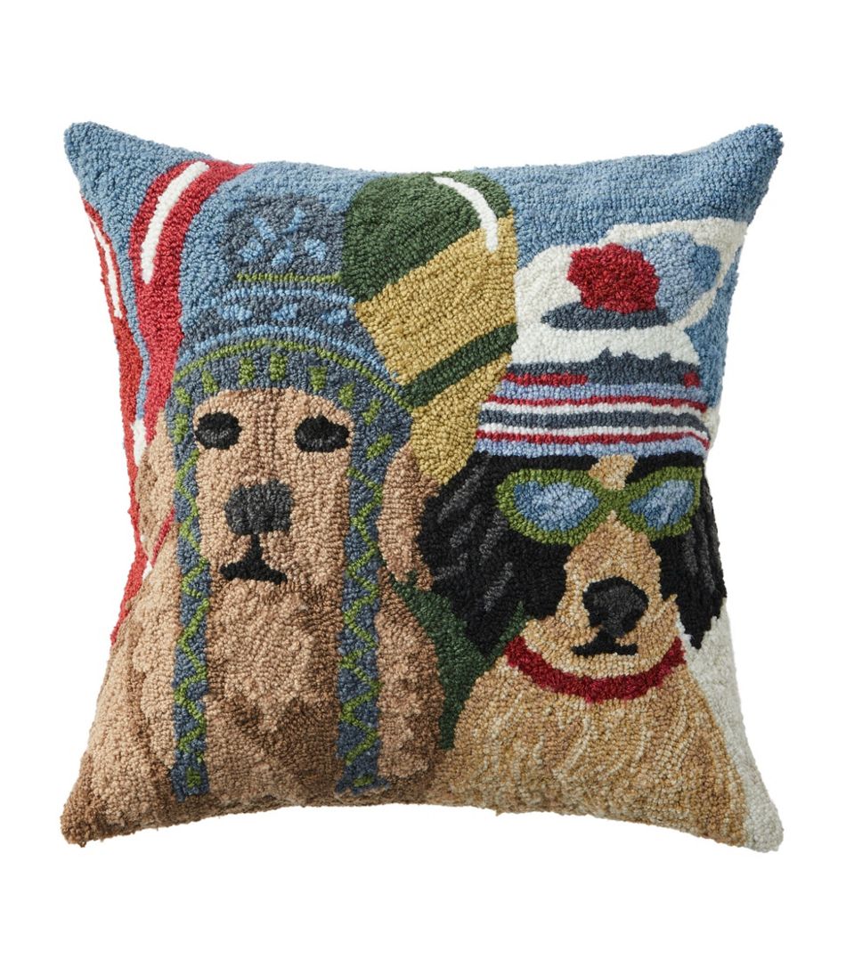 L.L.Bean Discount | Indoor/Outdoor Hooked Pillow, Dogs Skiing