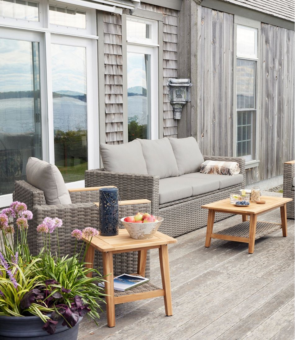 L.L.Bean For Sale | Wicker Storage Sofa and Teak Coffee Table Set